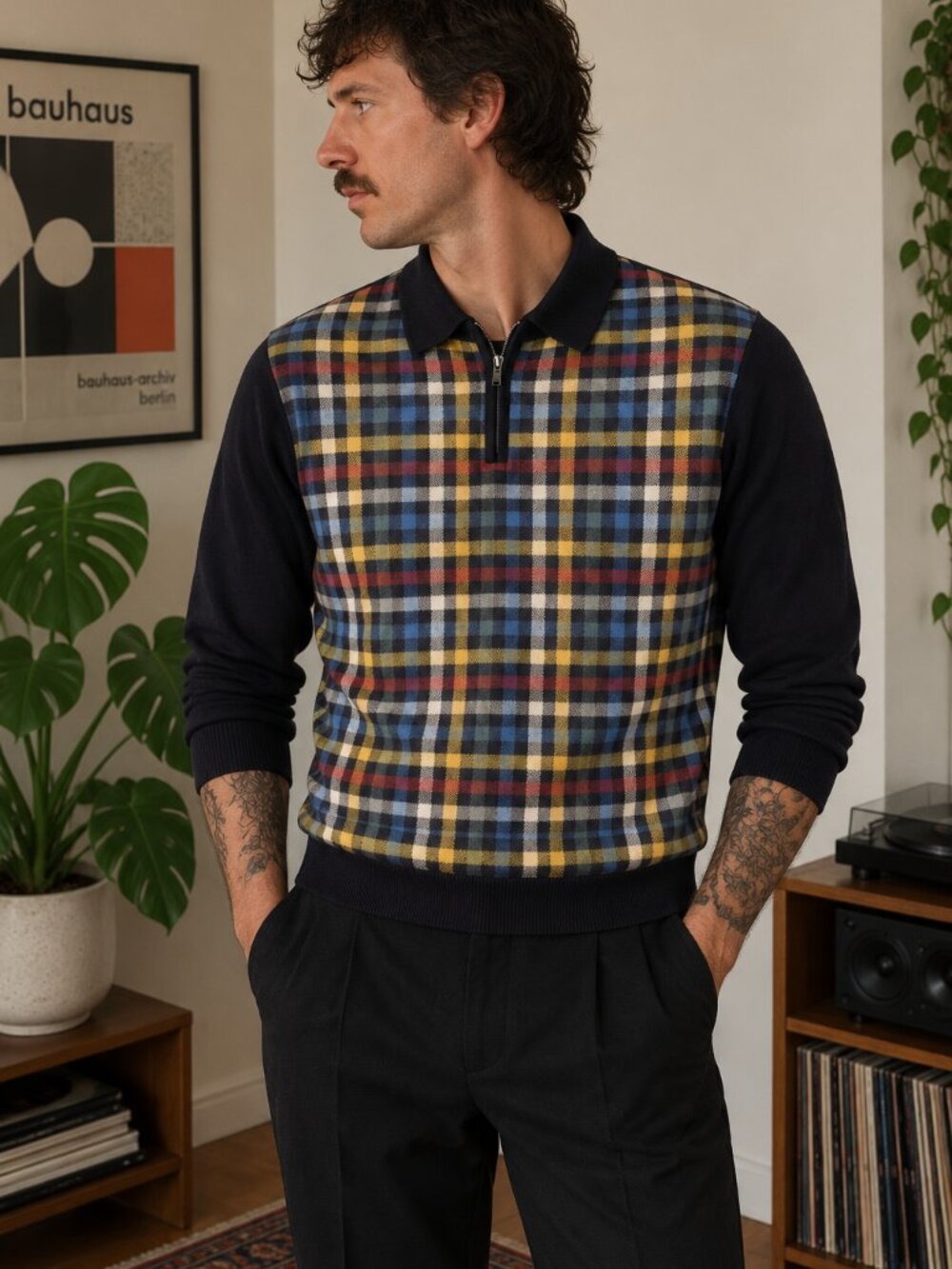 Men's Large Paul Fredrick Long Sleeve Knit Polo Sweater Black w/ Tartan Plaid